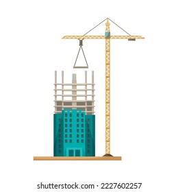 Building of house or industrial construction vector illustration. Construction site with unfinished skyscraper and crane isolated on white background. Development, engineering concept