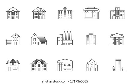 Building And House Line Icon Set. City Of Town Outline Elements. Vector Illustration.