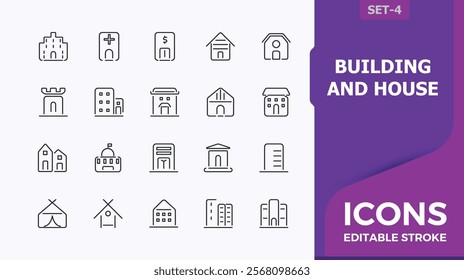 Building and House lined icons set. Includes thin line urban, real, hospital, town, and apartment more. Minimalistic icons. Editable stroke.