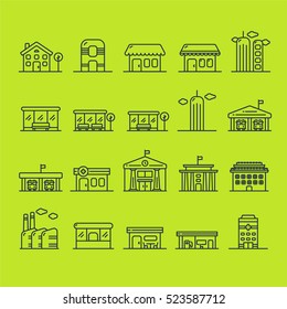 Building And House Minimalistic Flat Line Outline Stroke Icon Pictogram Set Collection