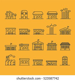 Building And House Minimalistic Flat Line Outline Stroke Icon Pictogram Set Collection
