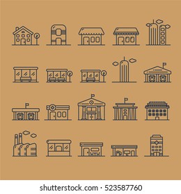 Building And House Minimalistic Flat Line Outline Stroke Icon Pictogram Set Collection