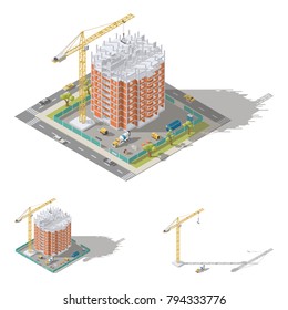 Building house, pouring a reinforced concrete frame, laying brick walls isometric icon set vector graphic illustration