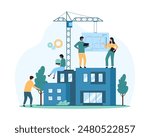 Building house process at construction site, work with floor plan. Tiny people and construction crane build house with home apartments according to paper blueprint cartoon vector illustration