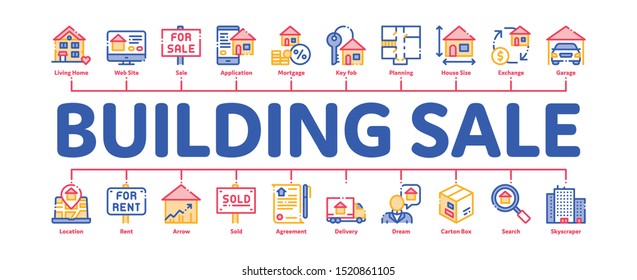 Building House Sale Minimal Infographic Web Banner Vector. Building Sale And Rent Tablet, Web Site, Smartphone Application Linear Pictograms. Garage, Skyscraper, Truck Cargo Contour Illustration