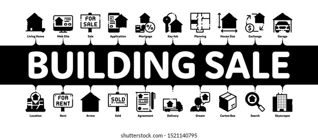 Building House Sale Minimal Infographic Web Banner Vector. Building Sale And Rent Tablet, Web Site, Smartphone Application Linear Pictograms. Garage, Skyscraper, Truck Cargo Contour Illustration