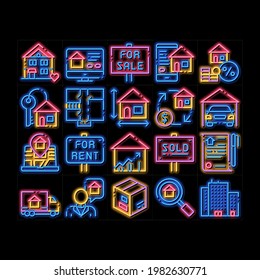 Building House Sale neon light sign vector. Glowing bright icon  Building Sale And Rent Tablet, Web Site, Smartphone Application Pictograms. Garage, Skyscraper, Truck Cargo Illustrations