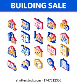 Building House Sale Vector Icons Set. Building Sale And Rent Tablet, Web Site, Smartphone Application Linear Pictograms. Garage, Skyscraper, Truck Cargo Isometric Illustrations