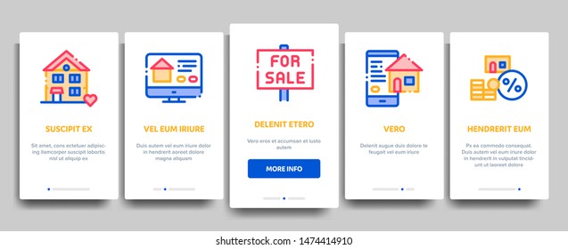 Building House Sale Vector Onboarding Mobile App Page Screen. Building Sale And Rent Tablet, Web Site, Smartphone Application Linear Pictograms. Garage, Skyscraper, Truck Cargo Illustrations