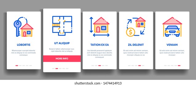 Building House Sale Vector Onboarding Mobile App Page Screen. Building Sale And Rent Tablet, Web Site, Smartphone Application Linear Pictograms. Garage, Skyscraper, Truck Cargo Illustrations