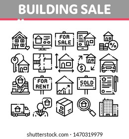 Building House Sale Vector Thin Line Icons Set. Building Sale And Rent Tablet, Web Site, Smartphone Application Linear Pictograms. Garage, Skyscraper, Truck Cargo Black Contour Illustrations