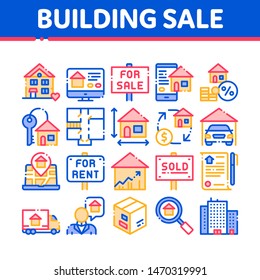 Building House Sale Vector Thin Line Icons Set. Building Sale And Rent Tablet, Web Site, Smartphone Application Linear Pictograms. Garage, Skyscraper, Truck Cargo Color Contour Illustrations