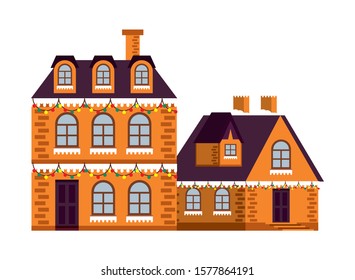 building and house with snow winter season vector illustration design