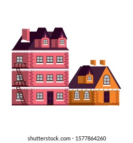 building and house with snow winter season vector illustration design