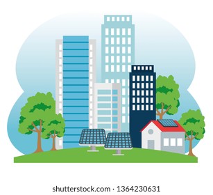 building and house with solar energy and tres