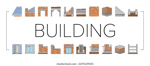 los iconos de la estructura de la casa de construcción establecen el vector. publicidad marketing, banner de promoción, comunicación social, construcción digital de internet estructura de casa ilustraciones de la línea de color
