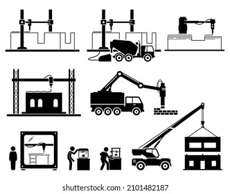 Building House Using 3d Printer And Creating Modular Home. Vector Illustrations Of 3d Printing Technology To Build Home And Rapid Prototyping For Products.