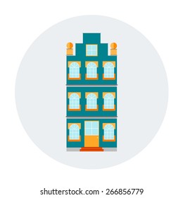 Building house vector icon. City urban architecture for business, home, office, appartment. Town residential estate. Red, orange, yellow, blue, green colors. For flat design cityscape.