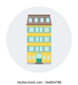 Building house vector icon. City urban architecture for business, home, office, appartment. Town residential estate. Yellow, green, blue colors. For flat design cityscape.