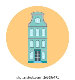 Building house vector icon. City urban architecture for business, home, office, appartment. Town residential estate. Blue, green colors. For flat design cityscape.