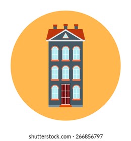 Building house vector icon. City urban architecture for business, home, office, apartment. Town residential estate. Red, orange, gray colors. For flat design cityscape.