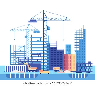 Building house. Work process of buildings construction and machinery. Flat vector concept development structure with equipment, skyscraper tower illustration