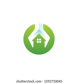 Building House and Wrench Spanner Tools Icon in Negative Space, Builder Renovation Logo Design with Vibrant Gradient Color 