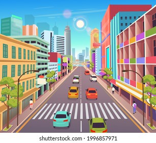 Сity building houses with shops.Vector illustration in cartoon style.Urban skyscraper buildings view modern cityscape.Perspective road  with zebra crossing.