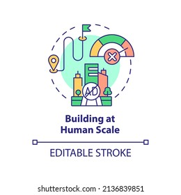 Building at human scale concept icon. Comfortable city. Principles of urban design abstract idea thin line illustration. Isolated outline drawing. Editable stroke. Arial, Myriad Pro-Bold fonts used