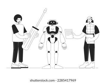 Building humanoid robot black and white concept vector spot illustration. Editable 2D flat monochrome cartoon characters for web design. Robotics engineers line art idea for website, mobile, blog