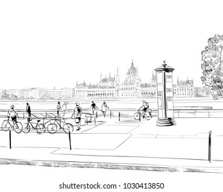 Building of the Hungarian Parliament. Budapest. Hungary. Europe. Hand drawn vector illustration.
