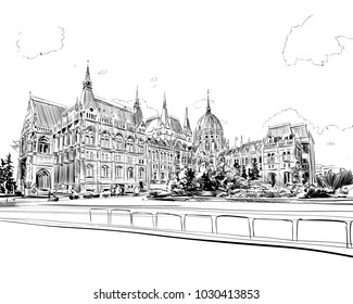 Building of the Hungarian Parliament. Budapest. Hungary. Europe. Hand drawn vector illustration.
