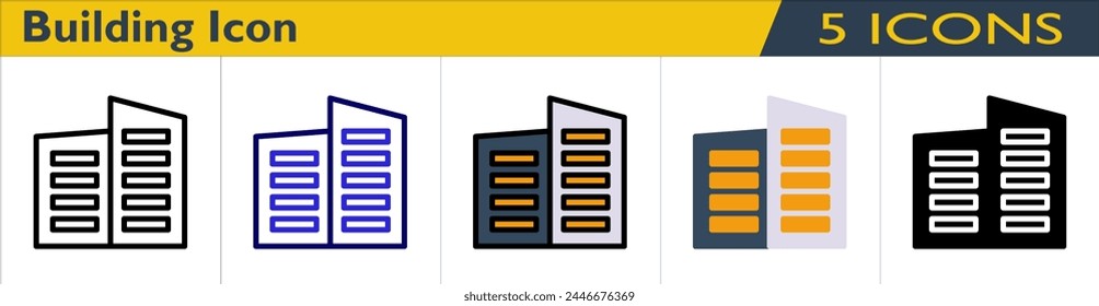 Building icon with 5 styles (outline, color outline, color lineal, color and solid)