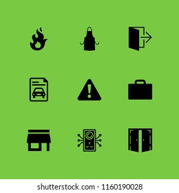 building icon. 9 building set with architecture and city, heat, apron silhouette and warning vector icons for web and mobile app
