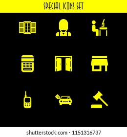 building icon. 9 building set with england, rent, front store and exit vector icons for web and mobile app