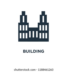 Building icon. Black filled vector illustration. Building symbol on white background. Can be used in web and mobile.