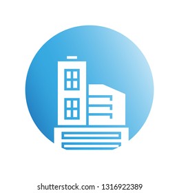 building icon in blue circle shape