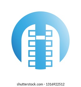 building icon in blue circle shape
