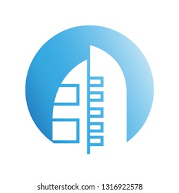 building icon in blue circle shape