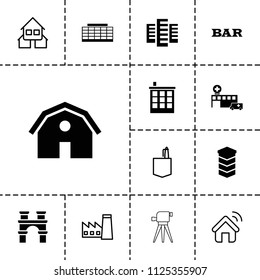 Building icon. collection of 13 building filled and outline icons such as barn, bar, factory, office room, house signal, arch. editable building icons for web and mobile.