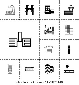 Building icon. collection of 13 building filled and outline icons such as barn, castle, airport tower, arch, fitness equipment. editable building icons for web and mobile.