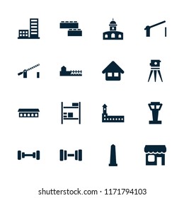 Building icon. collection of 16 building filled icons such as airport tower, castle, monument, barbell, home, shop, avenue. editable building icons for web and mobile.