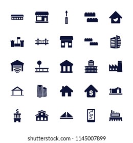 Building icon. collection of 25 building filled icons such as home, store, factory, business center, screwdriver, buying a house. editable building icons for web and mobile.