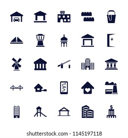 Building icon. collection of 25 building filled icons such as home, paint bucket, bank, castle, love home, garage, route and phone. editable building icons for web and mobile.