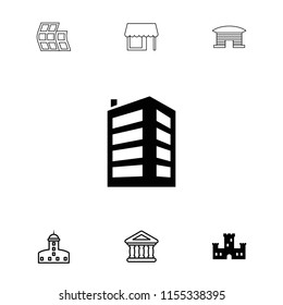 Building icon. collection of 7 building filled and outline icons such as castle, bank, store. editable building icons for web and mobile.