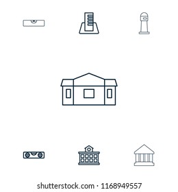 Building icon. collection of 7 building outline icons such as level ruler, lighthouse, house. editable building icons for web and mobile.
