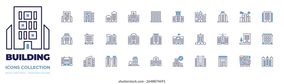 Building icon collection. Bold line style. Duotone colors. business, building, school, office building, city, company, nursing home, buildings.