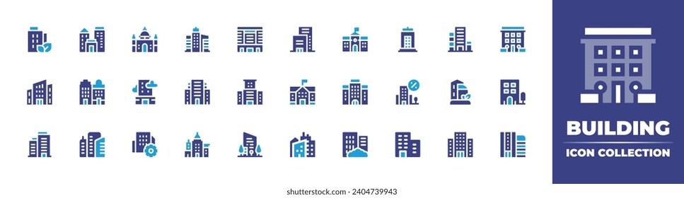 Generar colección de iconos. Color de duotona. Ilustración vectorial y transparente. Conteniendo ciudad, empresa, edificio, escuela, edificio de oficinas, edificios, ciudad verde, arquitectura, hotel.