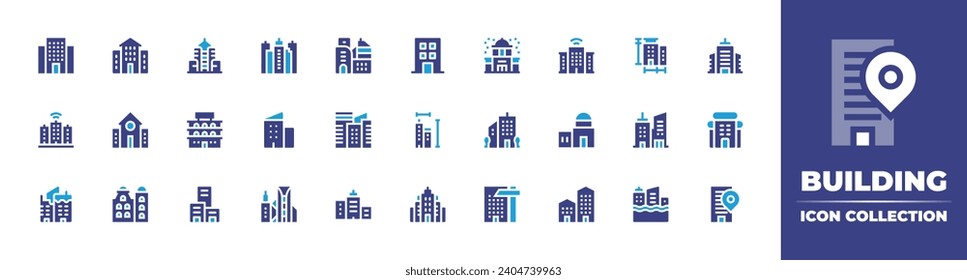 Building icon collection. Duotone color. Vector and transparent illustration. Containing hotel, building, office building, business, smart city, buildings, city, measure, flood, company, mall, library