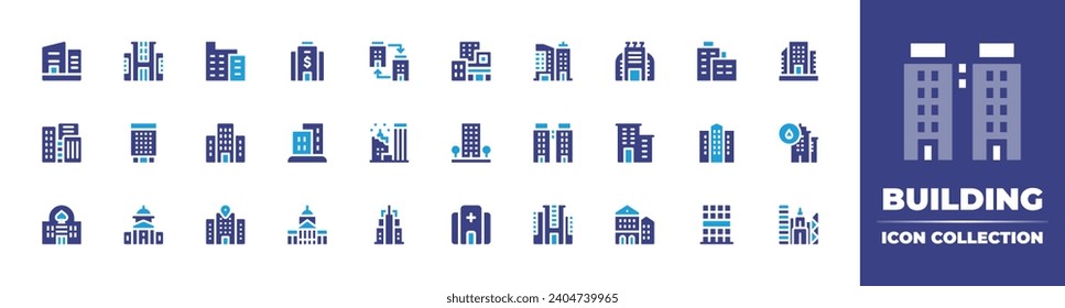 Building icon collection. Duotone color. Vector and transparent illustration. Containing building, casino, furniture, hospital, office, town, residential, city hall, architecture, corporation.